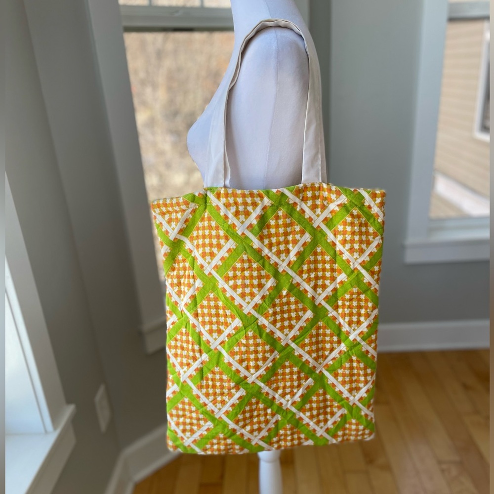 Vintage 60’s 70’s Yellow Green Orange Plaid Graphic Oversized Quilted Tote Bag